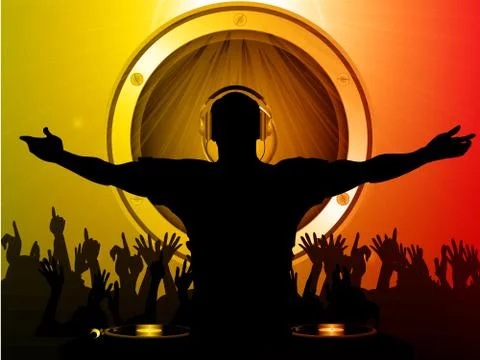 DJ and crowd with speaker background イラスト素材