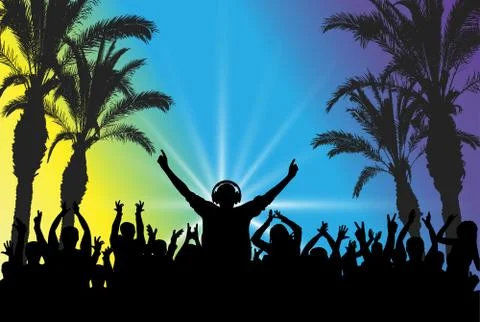 DJ on the background of the dancing crowd. Beach party. Silhouettes, vector i Stock Illustration