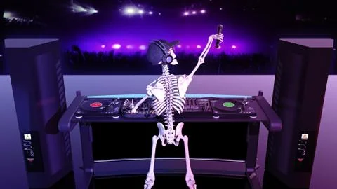 DJ Bones, human skeleton with microphone and hat playing music on turntables Stock Illustration