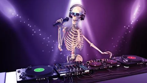 DJ Bones, human skeleton with microphone playing music on turntables, skeleton Stock Illustration