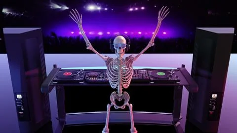 DJ Bones, human skeleton playing music on turntables, skeleton on DJ stage Stock Illustration
