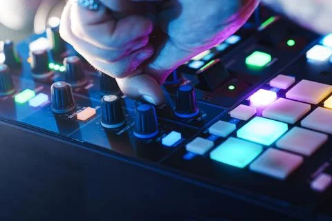 DJ booth setup during a live event in a music venue Stock Photos