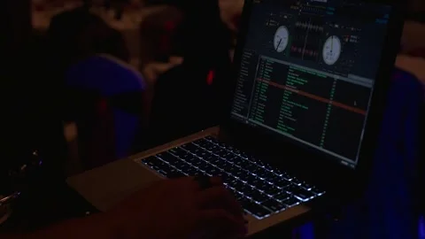 DJ computer, people dancing cha-cha at wedding party. Disco lights. Stockbeeldmateriaal 149076793