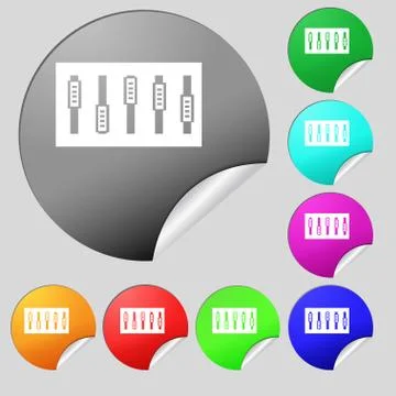 Dj console mix handles and buttons icon symbol. Set of eight multi colored round Illustration