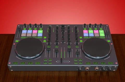 DJ Console on the wooden table, 3D rendering Stock Illustration