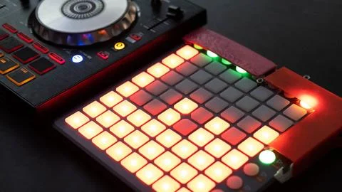 DJ controller close up view in live performance night club dance music. Stock Photos