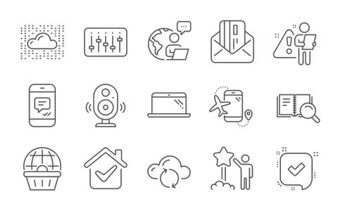 Dj controller, Credit card and Flights application icons set. Cloud system 스톡 일러스트
