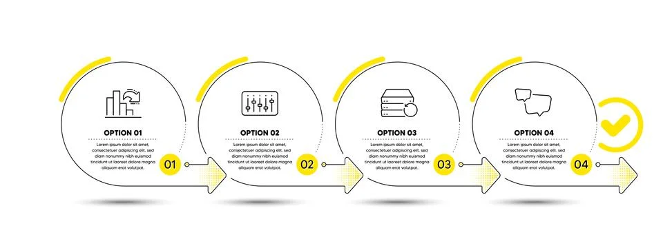 Dj controller, Decreasing graph and Recovery server icons set. Speech bubble Stock Illustration