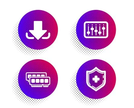 Dj controller, Ram and Download icons set. Medical shield sign. Vector Illustrazione stock