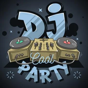 Dj Cool Party Design For Event Poster. Sound Mixer And Gramophon 库存插图