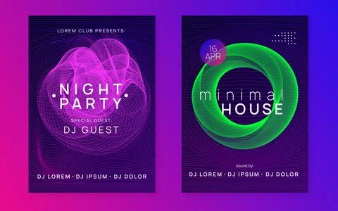 Dj event neon flyer. Techno trance party. Electro dance music. E Stock Illustration