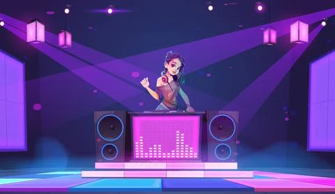 Dj girl stand at turntable in night club, party Stock Illustration