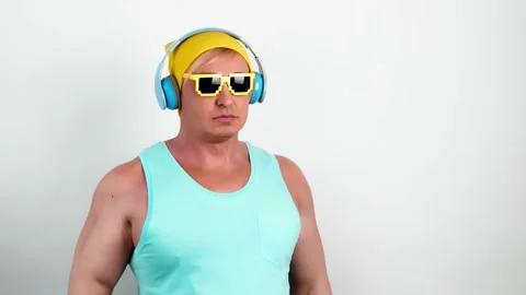 DJ guy dancing rhythm to music. Excited man dance, nightclub, party Stock Footage 235850684