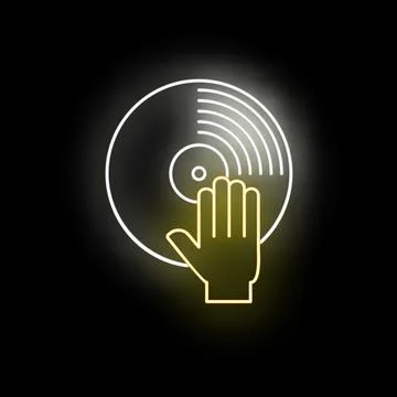 Dj hand scratching vinyl record neon icon Stock Illustration