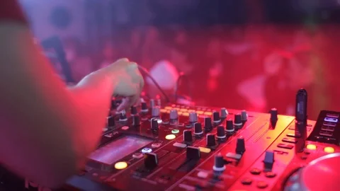 Dj Hands And Equipment During Night Club Party With Dancing People Stock Footage 89907289