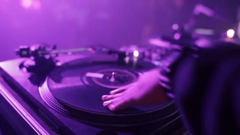 Dj Hands And Equipment During Night Club Party With Dancing People Stock Footage 89907317