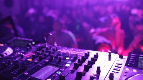 Dj Hands And Equipment During Night Club Party With Dancing People Stock Footage 89907324