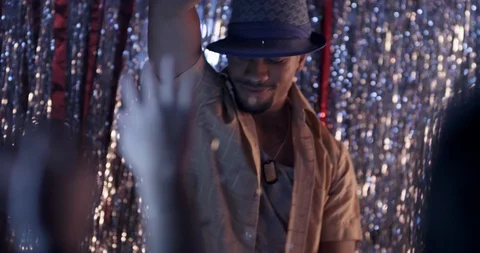 DJ Happy Dancing While The Sparkles Fall From The Air Stock Footage 91132884