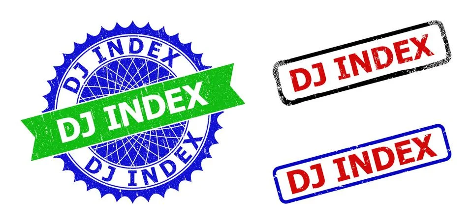 DJ INDEX Rosette and Rectangle Bicolor Stamp Seals with Corroded Surfaces Stock Illustration
