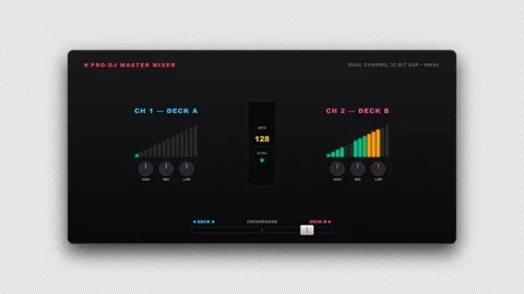 DJ Mixer Crossfader Slide and EQ Level Bounce with glowing LED level 4K Alpha Stock Footage 346594433