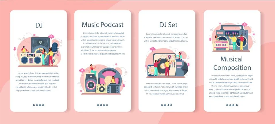 DJ mobile application banner set. Person standing at turntable mixer Stock Illustration