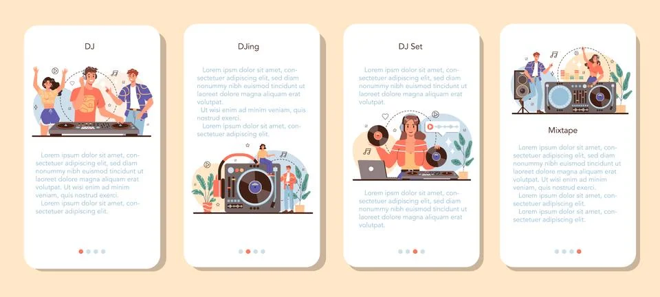 DJ mobile application banner set. Person standing at turntable mixer Stock Illustration