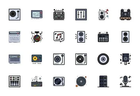 Dj Modern Vector Collection with 24 Flat Line Filled High Resolution Displa.. Illustrazione stock