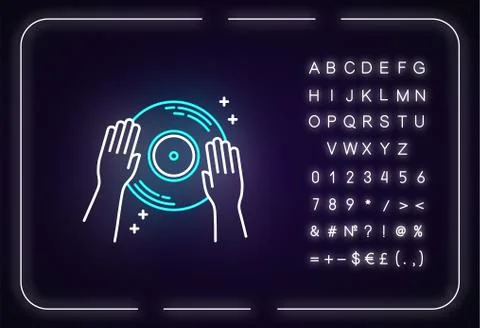 DJ neon light icon. Outer glowing effect. Sign with alphabet, numbers and Stock Illustration