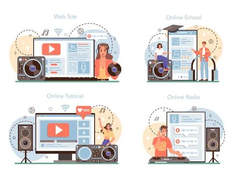 DJ online service or platform set. Person standing at turntable mixer Stock Illustration
