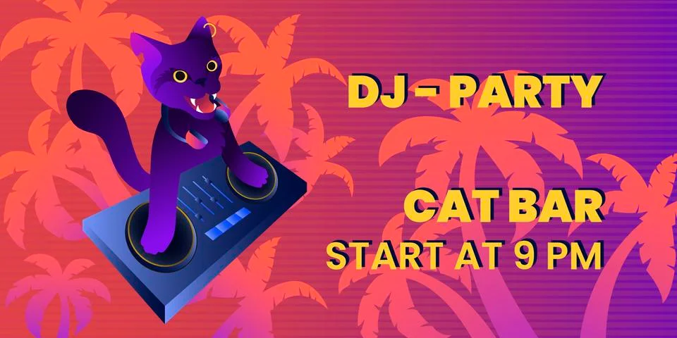 Dj-party vector banner template with mad cat-dj. Stock Illustration