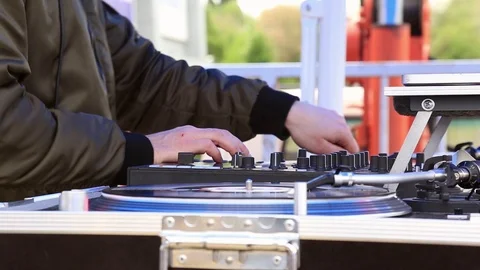 DJ Play Music, Scratching Vinyl Record On Turntable On Open Air Party. Stock Footage 107828642