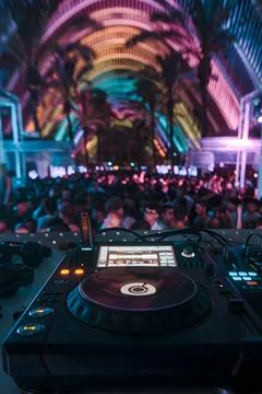DJ point of view of crowded dance floor Stock Photos