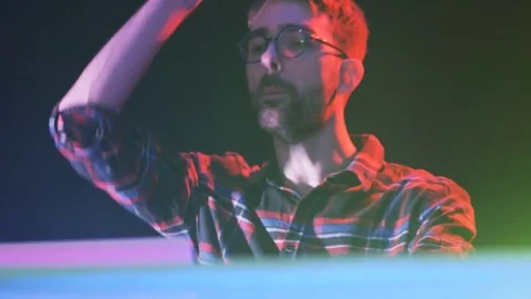 DJ Raising His Right Hand and Smiling Stock Footage 71814063