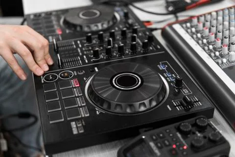 DJ remote control. Dj audio controller. Electronic turntable. Stock Photos