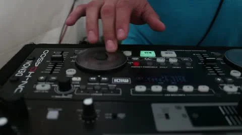 DJ scratching on soundboard turntables pull out glidecam steadicam Video stock 11150206