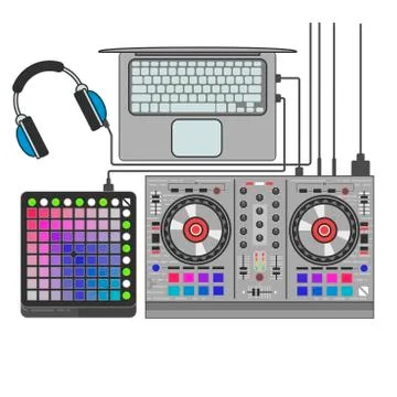 Dj set vector flat line art illustration. Launchpad, mixer, notebook, headp.. Stock Illustration