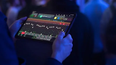 DJ sound control in application on the tablet for mixing instruments Stock Footage 238017761