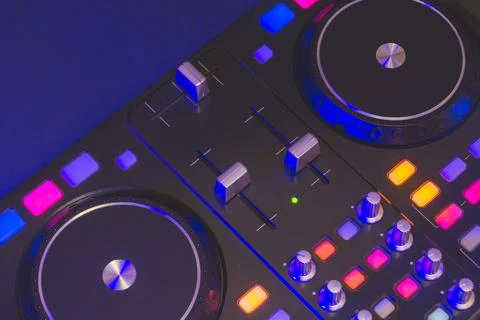 Dj sound mixer controller with knobs and sliders. audio mixing deck with turn Stock Photos