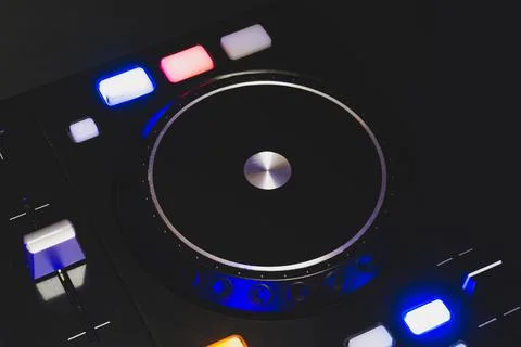 Dj sound mixer controller with knobs and sliders. audio mixing deck with turn Stock Photos