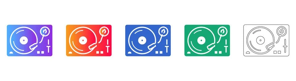 DJ Turntable Icon Set in Various Colors and Outline Styles Stock Illustration