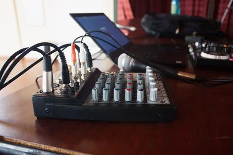 DJ turntables on a table ready to be used at a women's day event at a school in Stock Photos