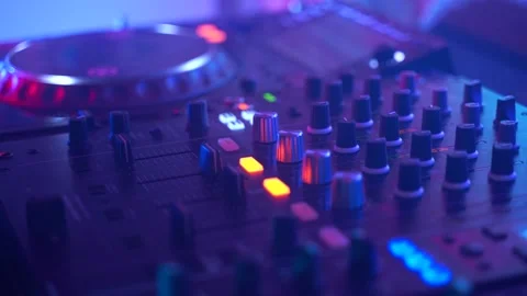 Dj uses Professional Mixing Controller, stroboscopic  light, close up shot Stock-Footage 152425704