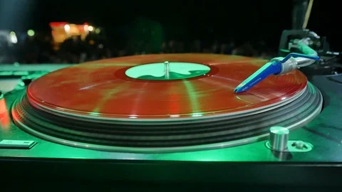 DJ Vinyl, Scratch Rotating at Night Party Festival Outdoors, People Dance Stock Footage 106298528