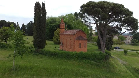 DJI 0034 Drone view from above of the red church of Pomelasca Italy Stock Footage 154515489