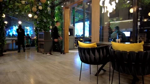 DJI crowded restaurant Stock Footage 222551171