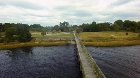 Dji drone Docks river green field Landscape Stock Footage 47491524