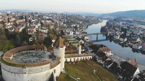 DJI Drone flying over Munot Castle in the swiss City of Schaffhausen Stock Footage 130812221