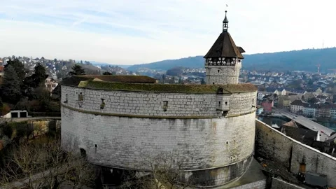 DJI Drone flying over Munot Castle in the swiss City of Schaffhausen Stock Footage 130812485