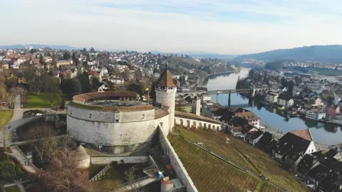 DJI Drone flying over Munot Castle in the swiss City of Schaffhausen Stock Footage 130812654