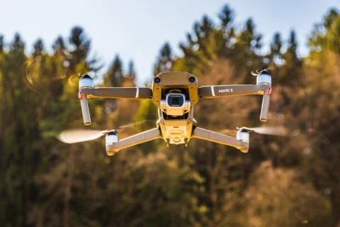 DJI Drone Mavic 2 Pro flying in rural area. Stock Photos